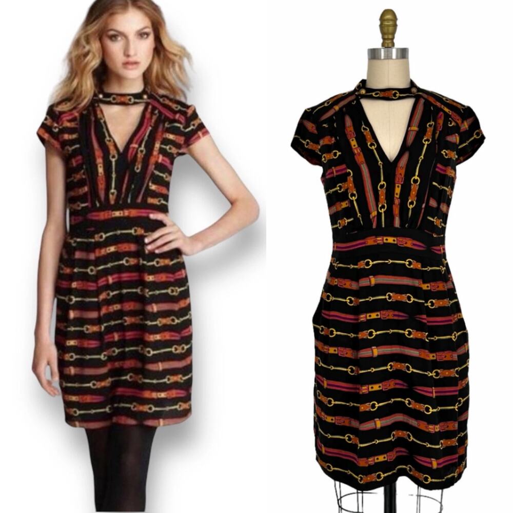 Nanette Lepore Dressage Thoroughbred Horse Bit Print Mini Sheath Dress sz 2